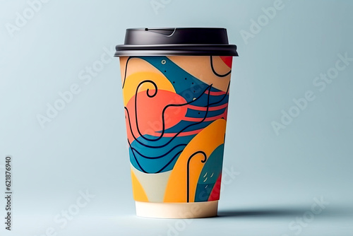 Cofee cup mockup modern abstrackt design example on light blue background. photo