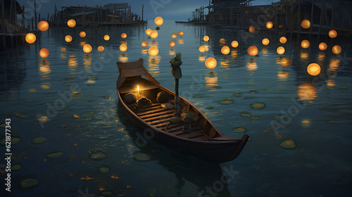 water lantern festival boat celebration light river lamp travel night. Generative AI. © VICHIZH