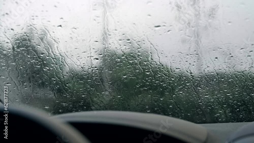 In the car on a rainy day