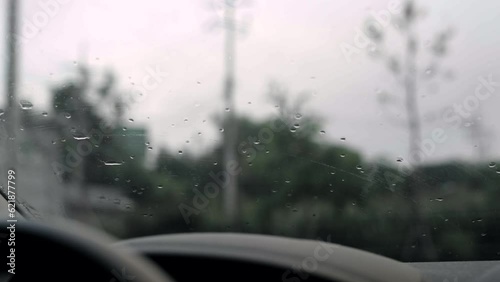 In the car on a rainy day