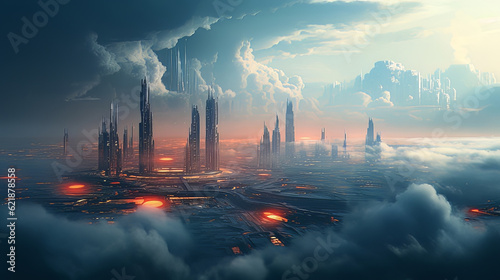 The rustic city of futuristic setting  in the style of a sty atmosphere  light gold a nd dark cyan  photo-realistic landscapes  cloud cloudoreht red and yellow  high-angle  cabicancer illustration. 