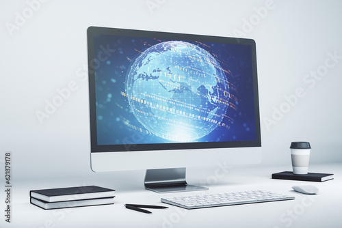 Abstract creative coding concept with world map on modern laptop screen. 3D Rendering