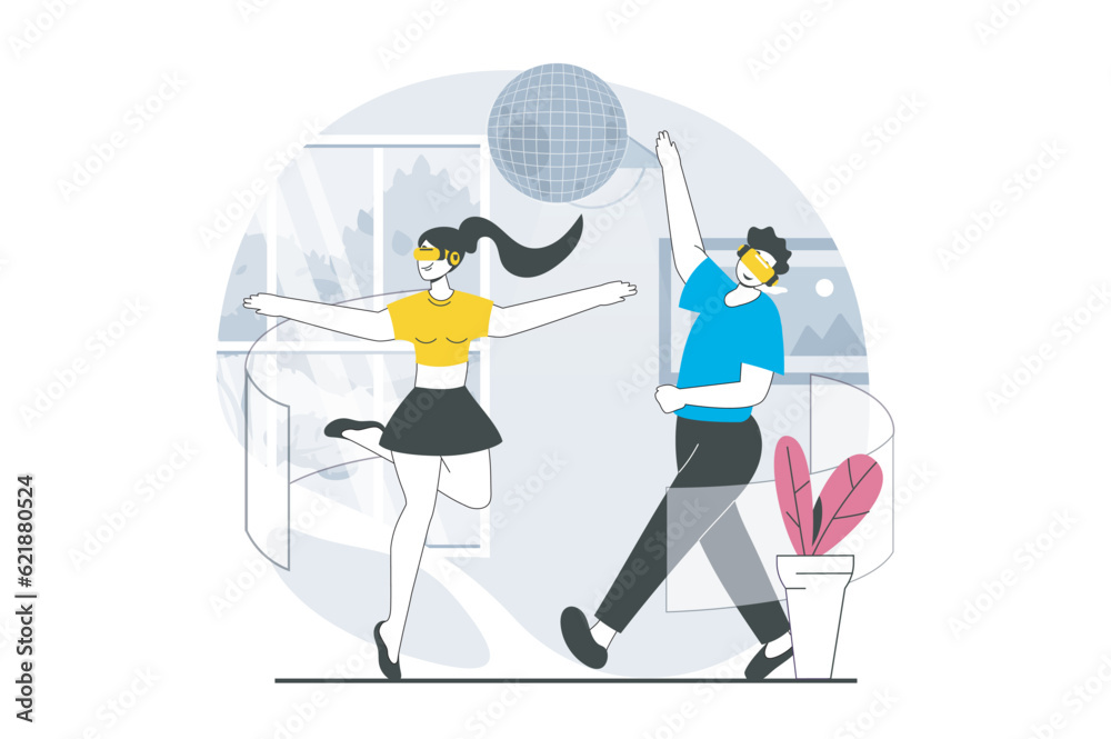 Virtual reality concept with people scene in flat design for web. Woman and man in VR headsets dancing in club augmented simulation. Vector illustration for social media banner, marketing material. Virtual reality concept with people scene in flat design for web. Woman and man in VR headsets dancing in club augmented simulation. Vector illustration for social media banner, marketing material.