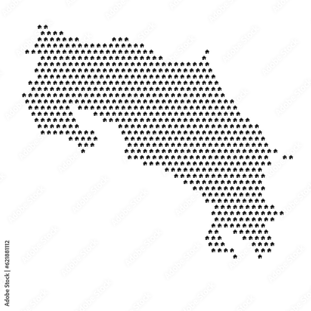 Map of the country of Costa Rica with house icons texture on a white background
