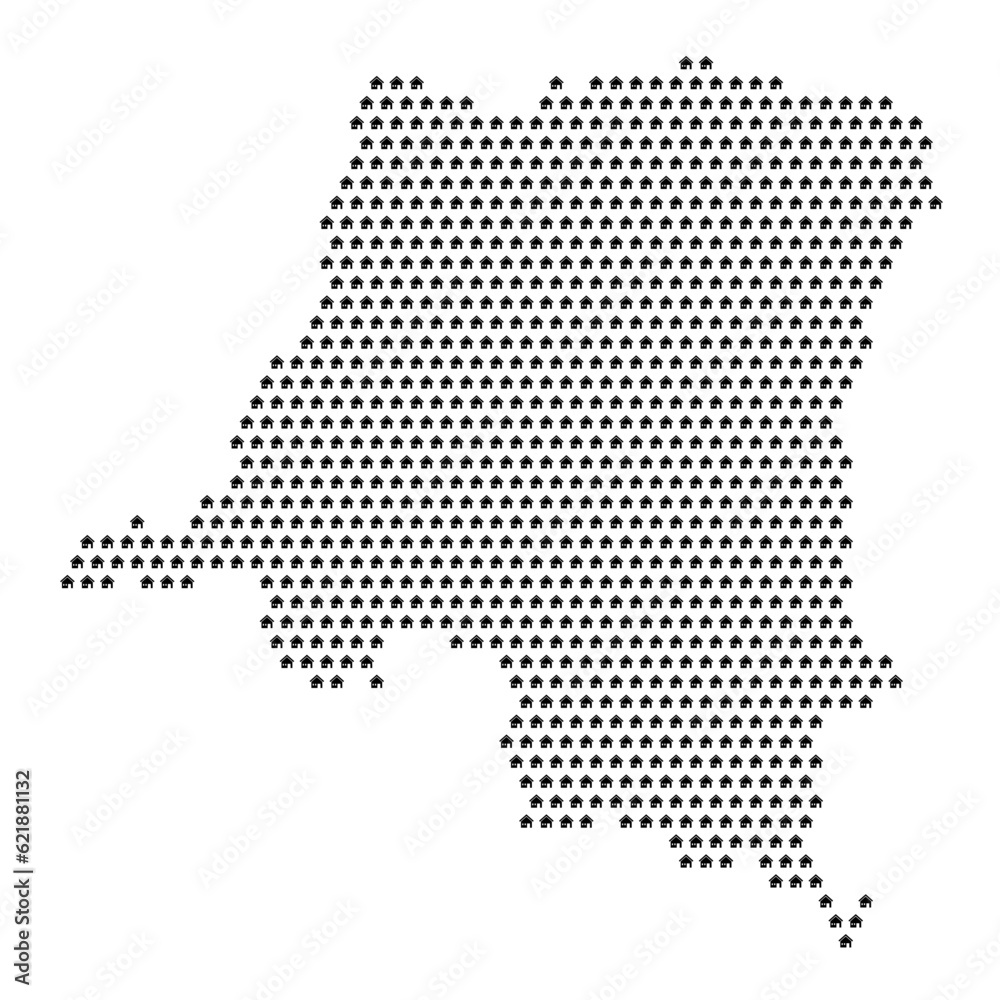 Map of the country of Democratic Republic of the Congo with house icons texture on a white background