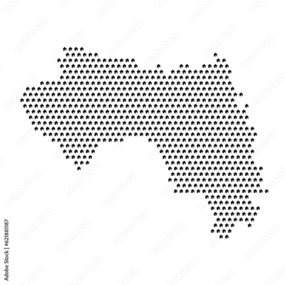 Map of the country of Guinea with house icons texture on a white background