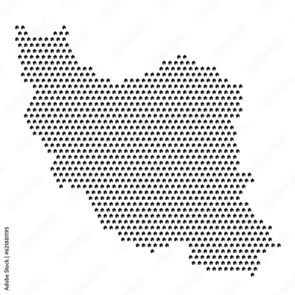 Map of the country of Iran with house icons texture on a white background
