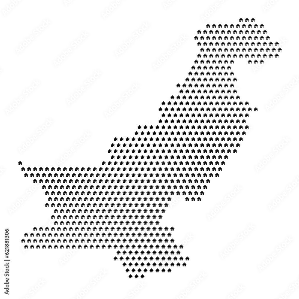 Map of the country of Pakistan with house icons texture on a white background