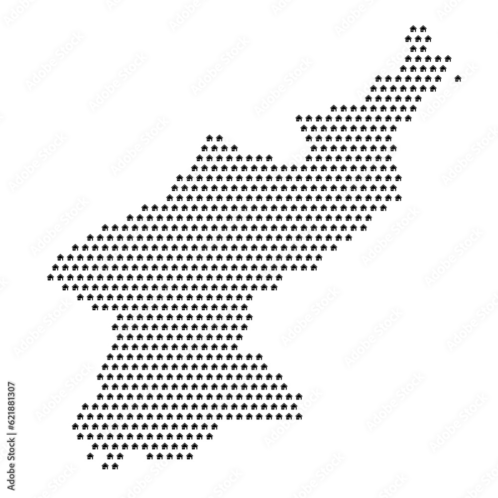 Map of the country of North Korea with house icons texture on a white background