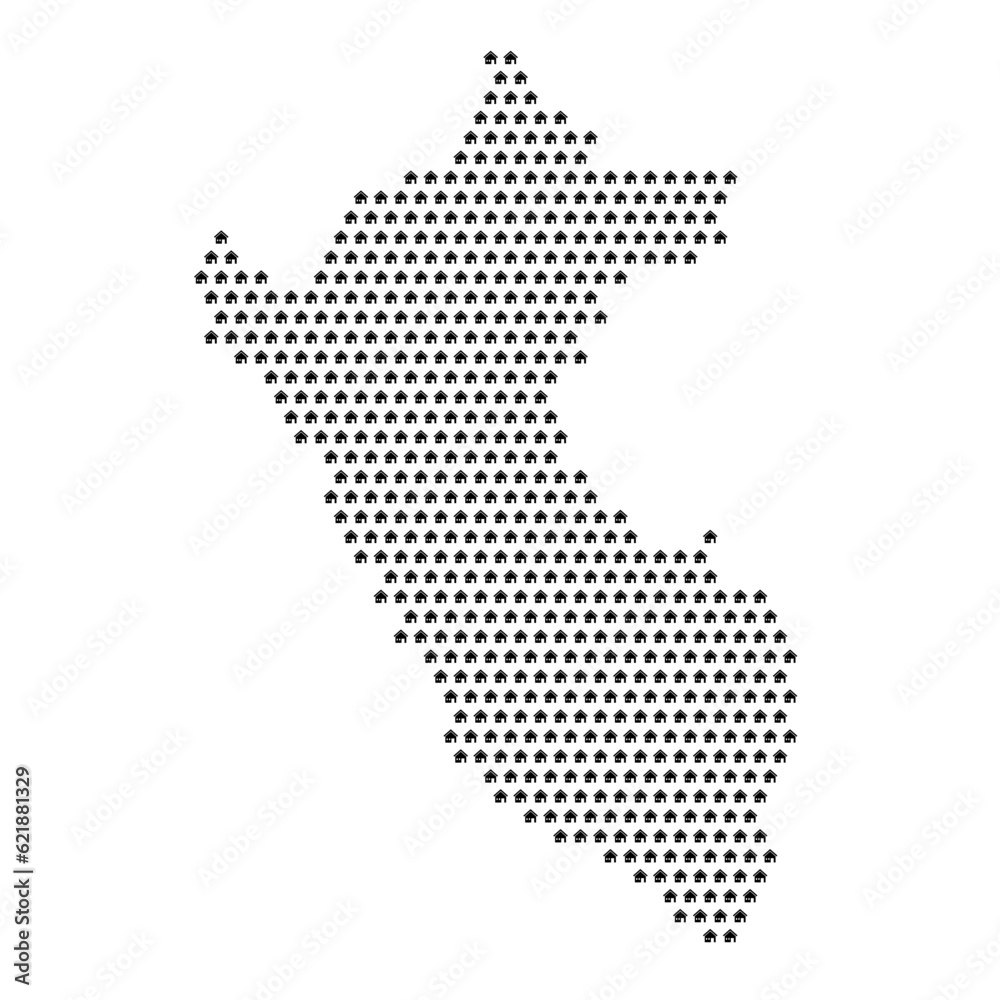 Map of the country of Peru with house icons texture on a white background