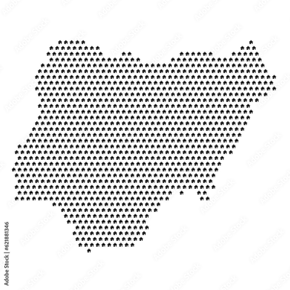 Map of the country of Nigeria with house icons texture on a white background