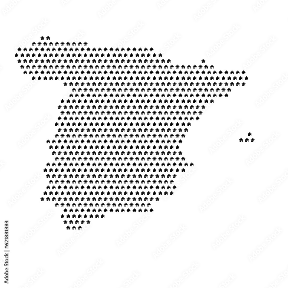 Map of the country of Spain with house icons texture on a white background