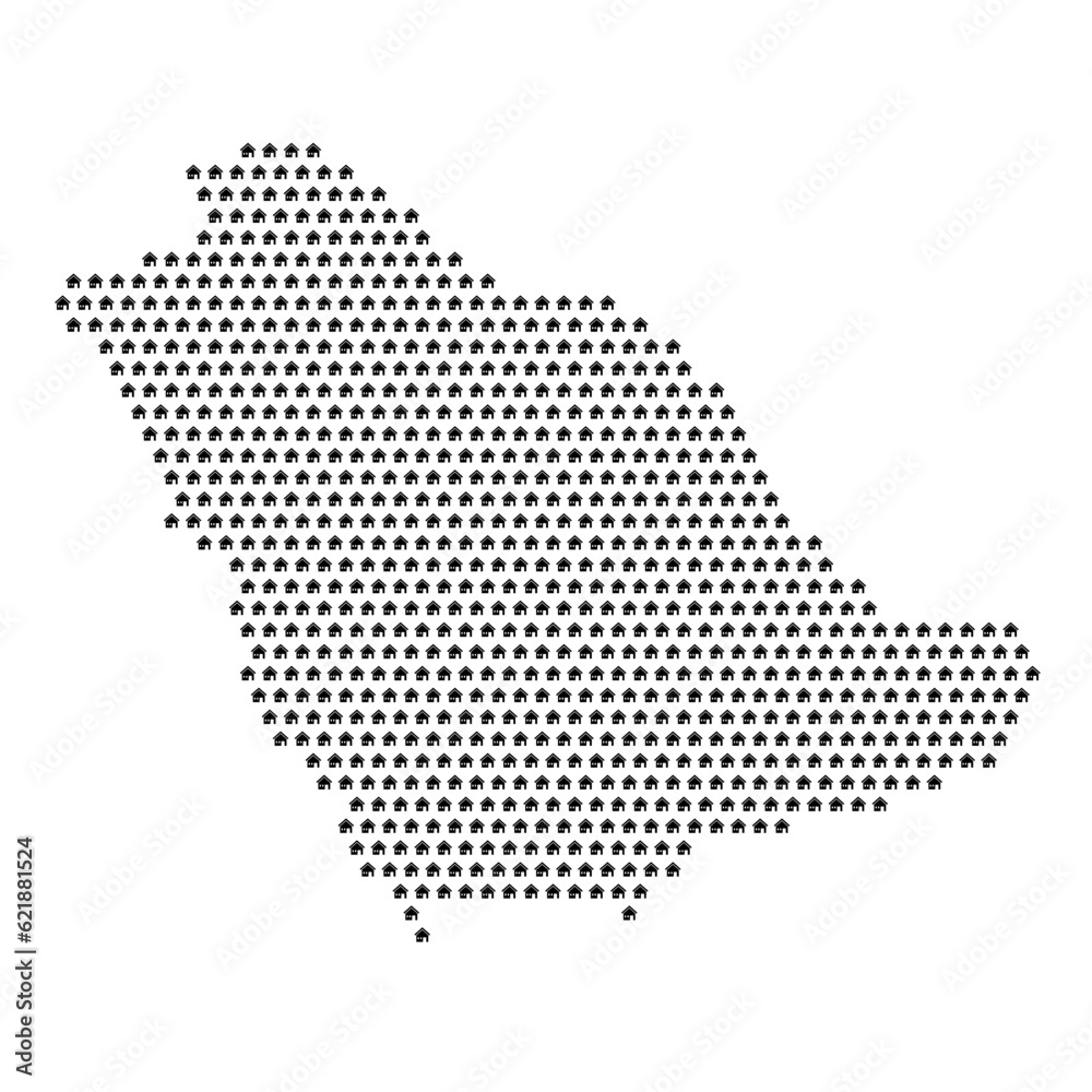 Map of the country of Saudi Arabia with house icons texture on a white background