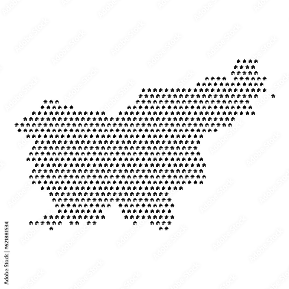 Map of the country of Slovenia with house icons texture on a white background