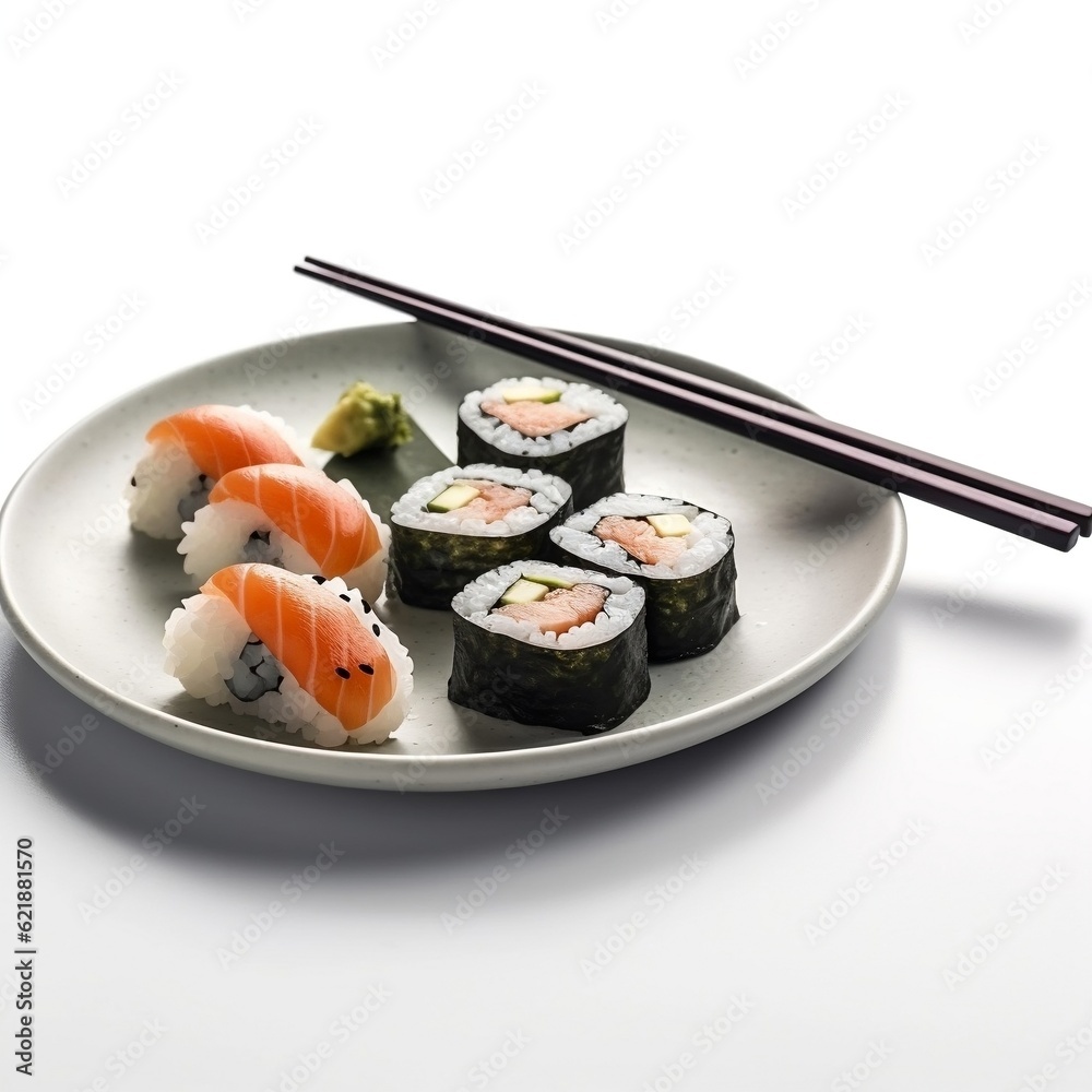 Sushi on a plate with chopsticks generative ai Sushi on a plate with chopsticks generative ai