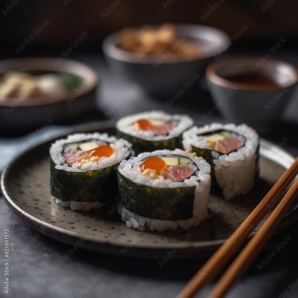 Sushi on a plate with chopsticks generative ai Sushi on a plate with chopsticks generative ai
