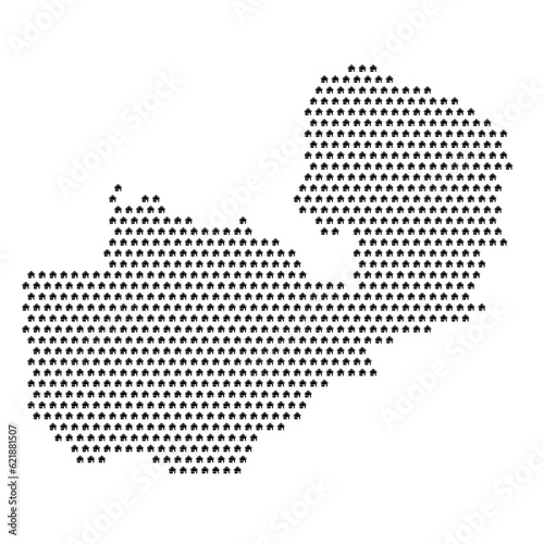 Map of the country of Zambia with house icons texture on a white background
