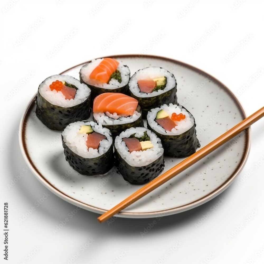 Sushi on a plate with chopsticks generative ai