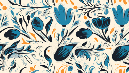 Botanical hand drawn ethno style ornament pattern. Abstract trendy monochrome print. Fashionable vector template for your design.