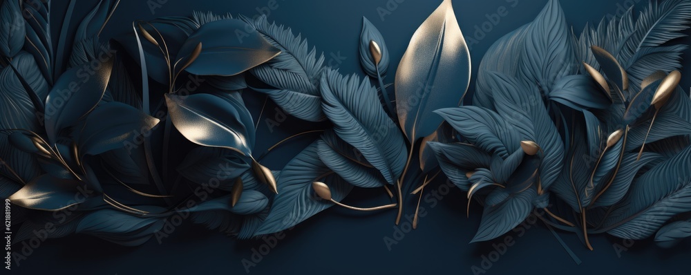Luxury dark blue textured 3D banner background frame with golden and blue tropical leaves. Ai generative. - obrazy, fototapety, plakaty 