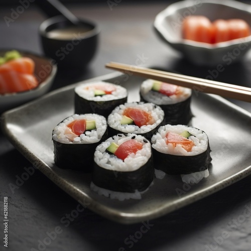 Sushi on a plate with chopsticks generative ai