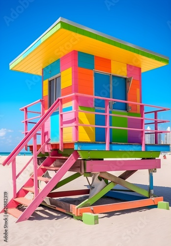 a colorful lifeguard tower on a beach © Photo