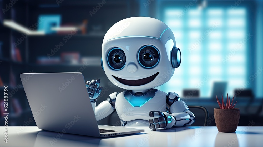 cute robot smiling and working on a laptop in an office cute robot smiling and working on a laptop in an office