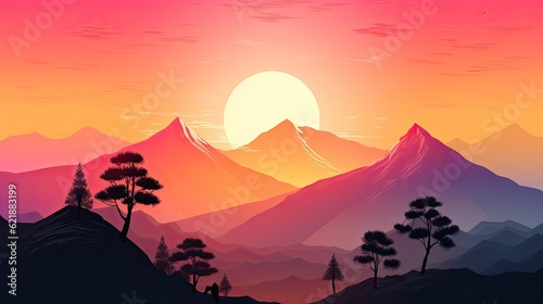 Beautiful sunset painting with mountains  sun and trees