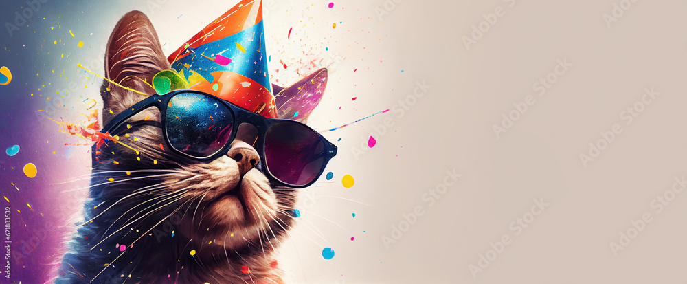 cat in party hat and sunglasses, happy anniversary concept, panoramic layout. Generative Ai - obrazy, fototapety, plakaty 