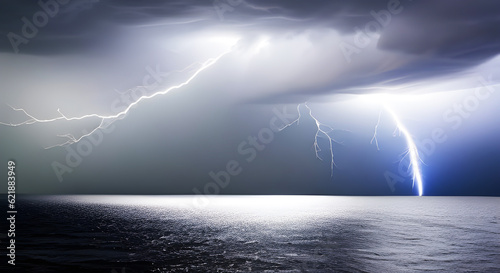 Realistic landscape illustration of sea during storm with lightning