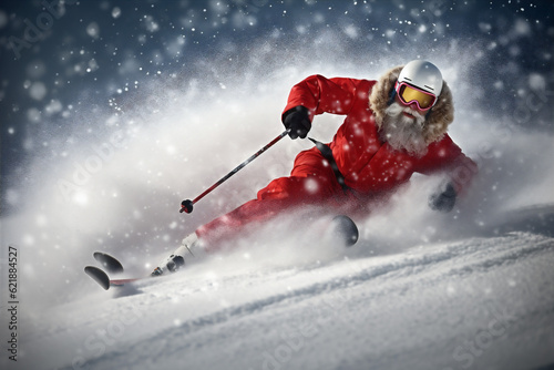 christmas skier santa mountain ski holiday snowboarder sport snow winter. Generative AI.