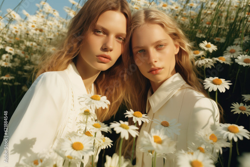 two female friends/models/lgbtq couple in magazine editorial fashion/beauty photo shoot in a field of daisies film photography look - generative ai art