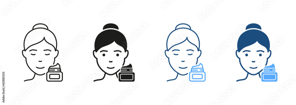 Moisturizing Cream for Skin Line and Silhouette Icon Set. Use Sunscreen Symbol Collection. Woman Use Daily or Night Cream, Gel, Foam, Mousse or Soap Pictogram. Isolated Vector Illustration Moisturizing Cream for Skin Line and Silhouette Icon Set. Use Sunscreen Symbol Collection. Woman Use Daily or Night Cream, Gel, Foam, Mousse or Soap Pictogram. Isolated Vector Illustration