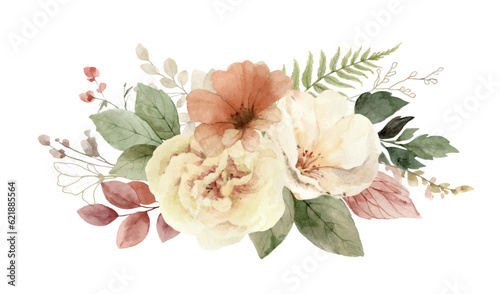 Watercolor vector autumn bouquet with flowers and leaves.