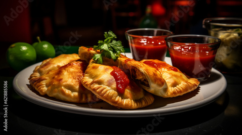 chicken empanadas with a side of ketchup, AI-Generated