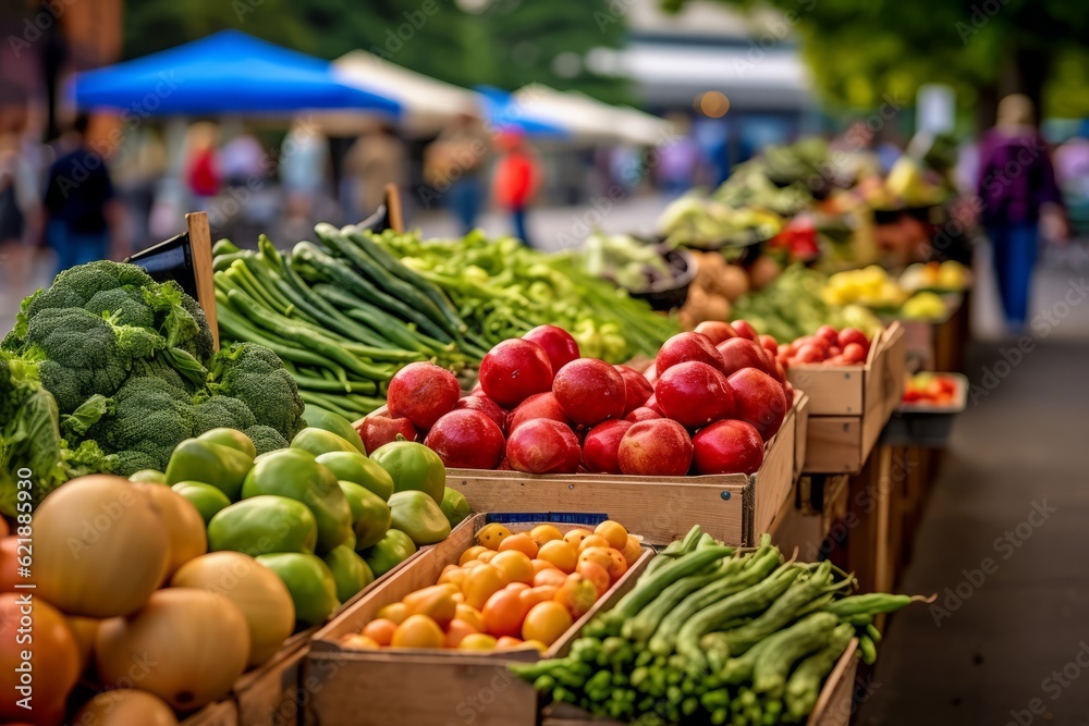 Farmer's market filled with an abundance of fresh fruits, vegetables, and organic produce, emphasizing the availability of locally sourced ingredients for vegan recipes. Generative AI