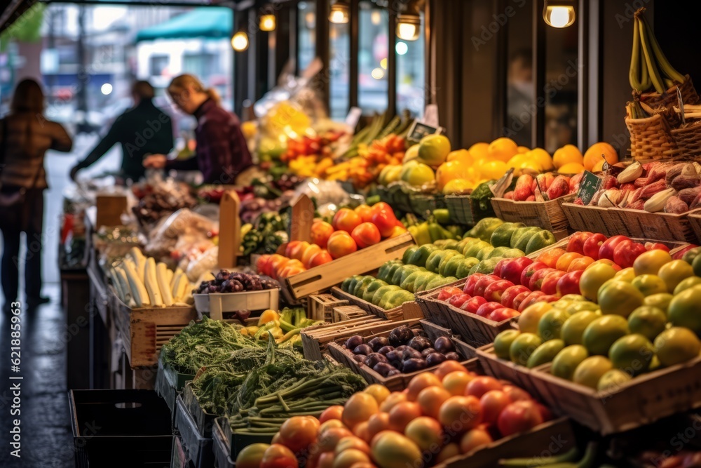 Farmer's market filled with an abundance of fresh fruits, vegetables, and organic produce, emphasizing the availability of locally sourced ingredients for vegan recipes. Generative AI