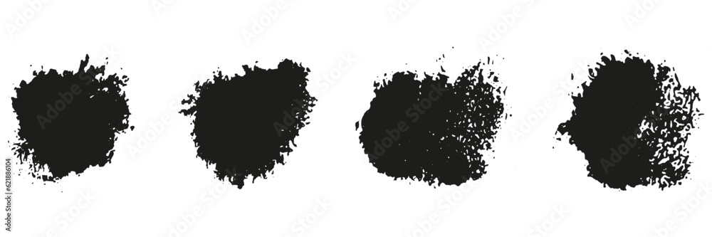 Ink Splatter Set. Paint Brush Spatter. Stain Texture Collection. Splash Abstract Design Element. Dirty Black Blot, Liquid Blob, Messy Inkblot. Splat Grunge. Isolated Vector Illustration