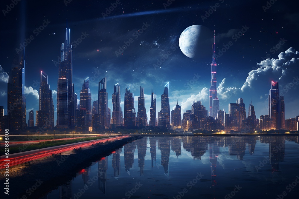 Starlit Futuristic Cityscape: AI Generated Hyper-realism