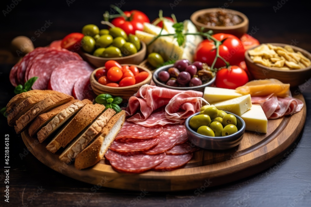 Image showcasing the ingredients for a gourmet charcuterie board, including freshly sliced salami, various cheeses, pickles, olives, and bread, inspiring culinary creativity. Generative Ai Image showcasing the ingredients for a gourmet charcuterie board, including freshly sliced salami, various cheeses, pickles, olives, and bread, inspiring culinary creativity. Generative Ai