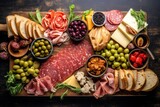 Image showcasing the ingredients for a gourmet charcuterie board, including freshly sliced salami, various cheeses, pickles, olives, and bread, inspiring culinary creativity. Generative Ai