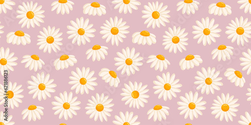 Fototapeta Naklejka Na Ścianę i Meble -  Seamless pattern with blooming daisies. Chamomile vector floral illustration for postcard, poster, fabric, wrapping paper, decor etc. Flowers for spring and summer holidays.