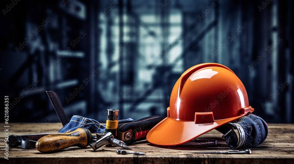 Fototapeta premium a hardhat with construction tools, such as a hammer, screwdriver, AI-Generated