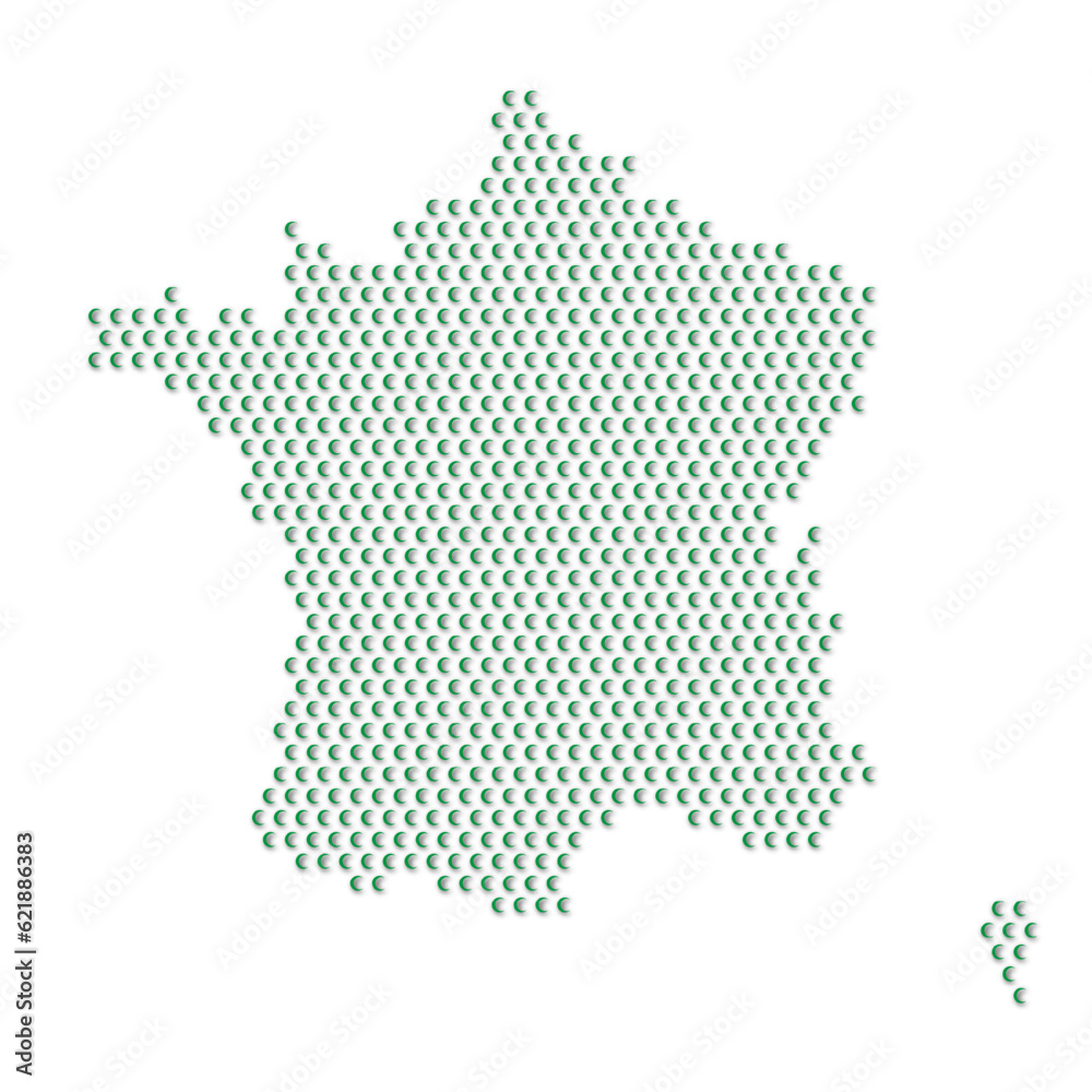 Map of the country of France with green half moon icons texture on a white background