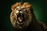 Roar of the King. A majestic lion roaring with pride, isolated on a solid green background. Regal power and majesty concept. AI Generative
