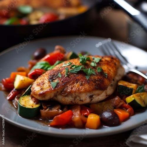 Pan fried chicken with vegetables Ratatouille generative ai