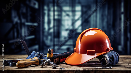 a hardhat with construction tools, such as a hammer, screwdriver, AI-Generated