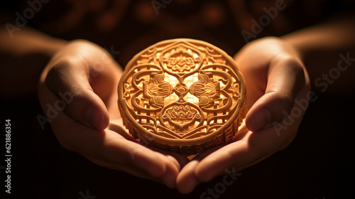 A close-up shot of a pair of hands gently holding a beautifully decorated round moon cake, showcasing intricate details and delicate craftsmanship,  AI-Generated