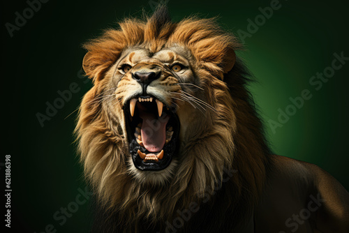 Roar of the King. A majestic lion roaring with pride, isolated on a solid green background. Regal power and majesty concept. AI Generative photo