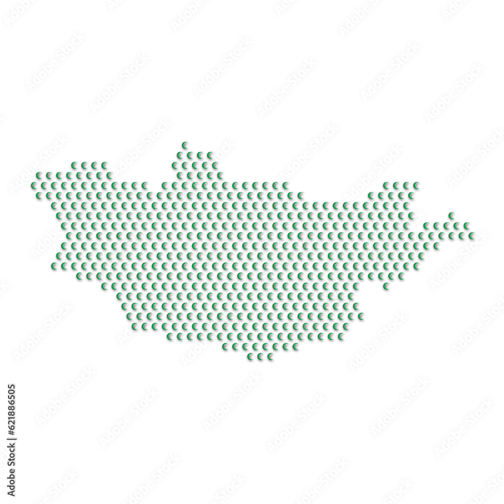 Map of the country of Mongolia with green half moon icons texture on a white background